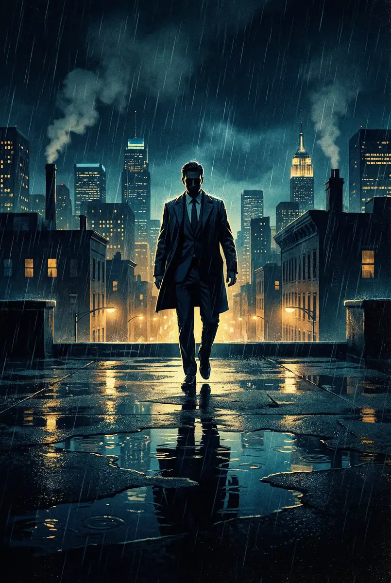 火影忍者金鸣口令 出品影片《雨夜独行者》海报，雨中城市屋顶男性剪影